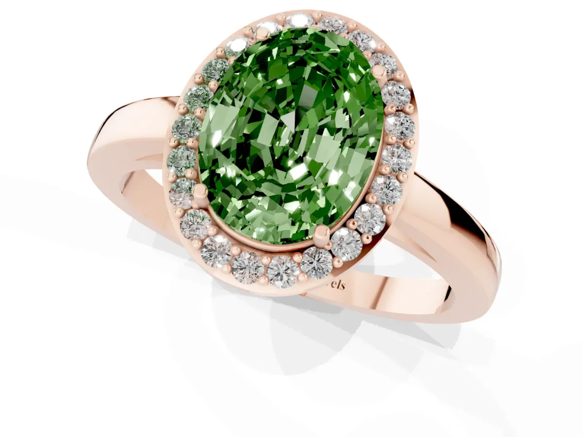 Fancy Green Oval Cut Halo Diamond Ring with Solitaire Band and Prong Setting Rose gold