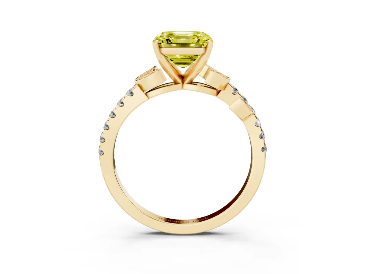 Fancy Yellow Asscher Cut Solitaire Leaf-Inspired Diamond Ring with Pavé Band and Four-Prong Setting Yellow gold