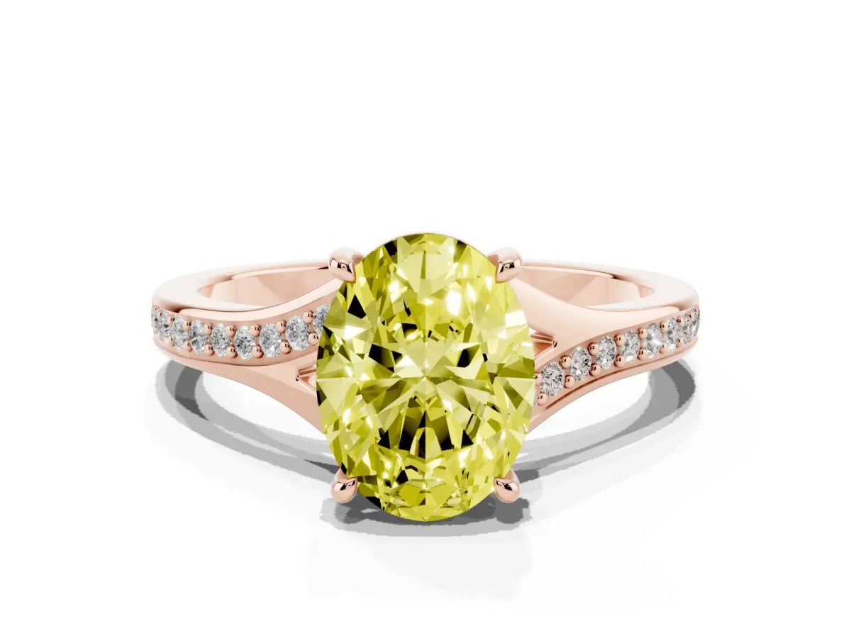 Fancy Yellow Oval Cut Diamond Solitaire Ring with Pavé Band and Prong Setting Rose gold