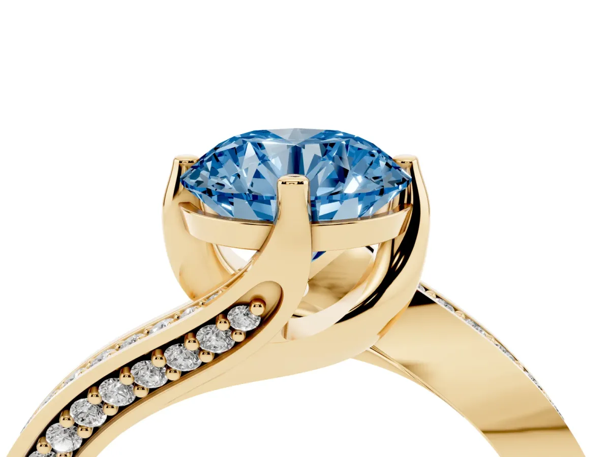 Fancy Blue Round Cut Solitaire Diamond Twist Band with Pavé Setting and Four-Prong Setting Yellow gold