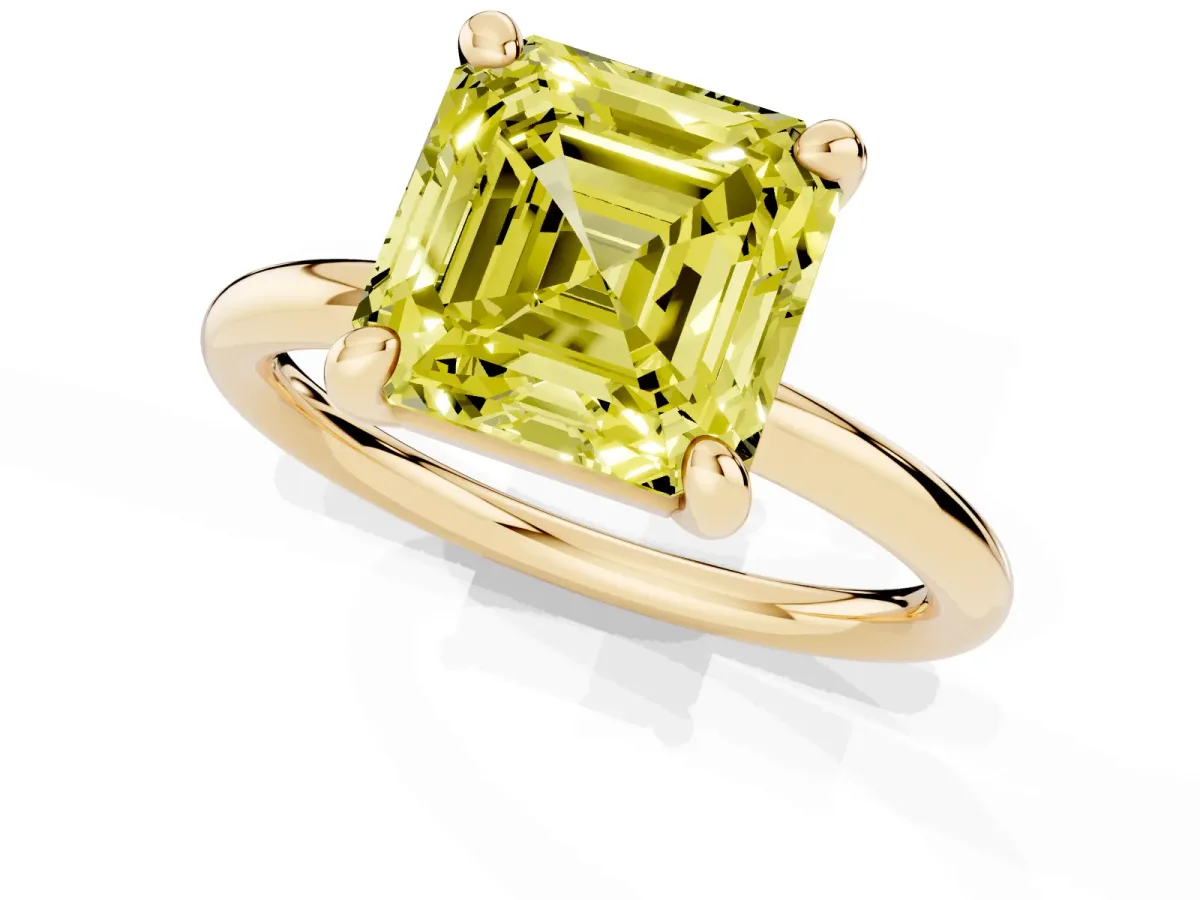 Fancy Yellow Asscher Cut Solitaire Diamond Ring with Four-Prong Setting on a Plain Band Yellow gold