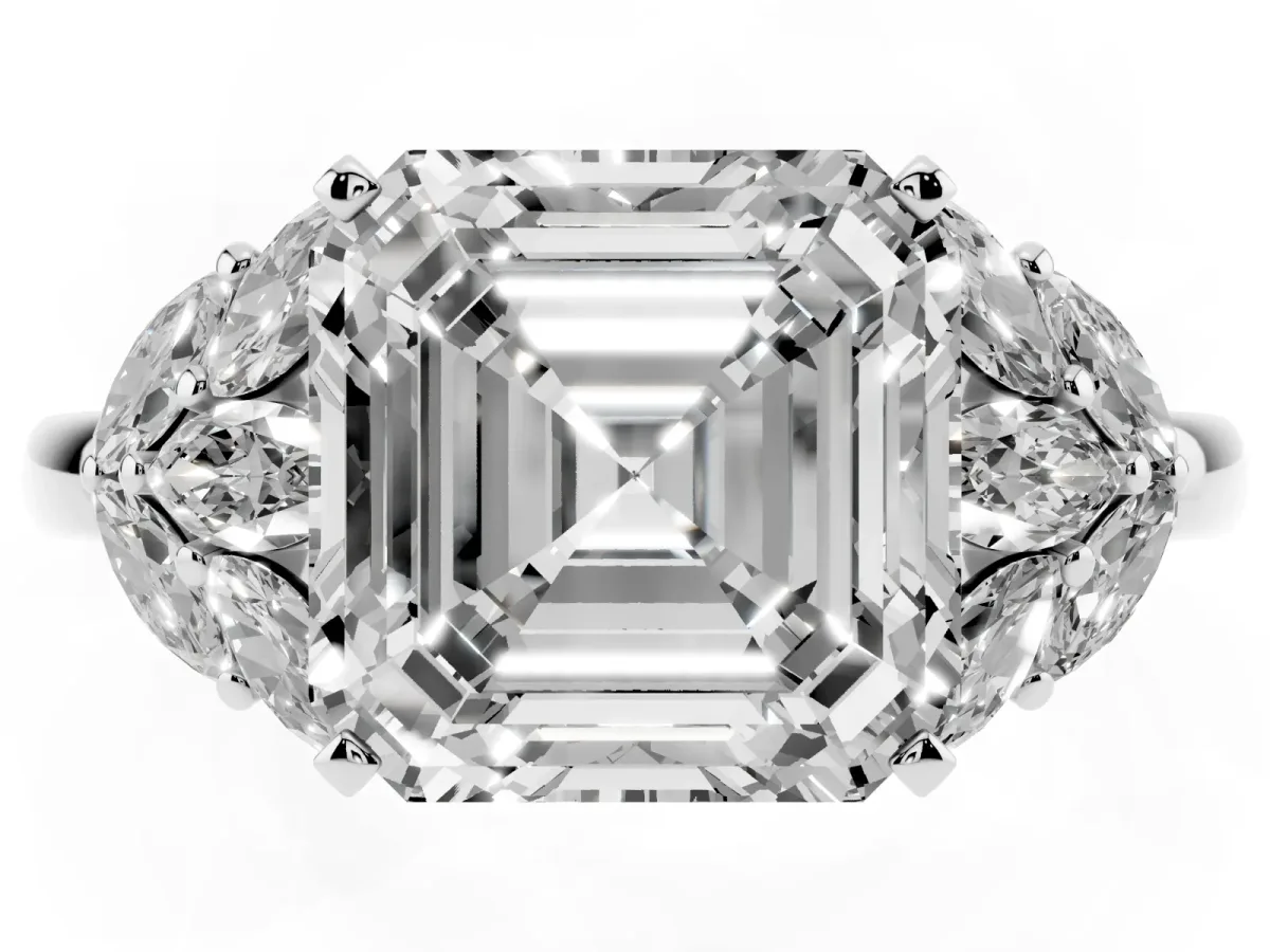 Asscher Cut Diamond Cluster Leaf Design Ring with Prong Setting White gold