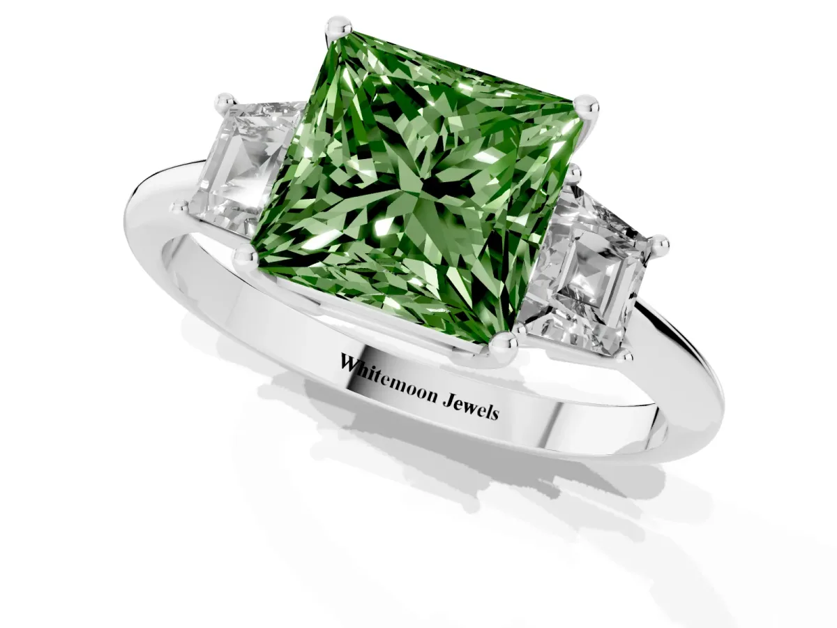 Fancy Green Princess Cut Diamond Three-Stone Ring with Trapezoid Side Stones and Prong Setting Silver
