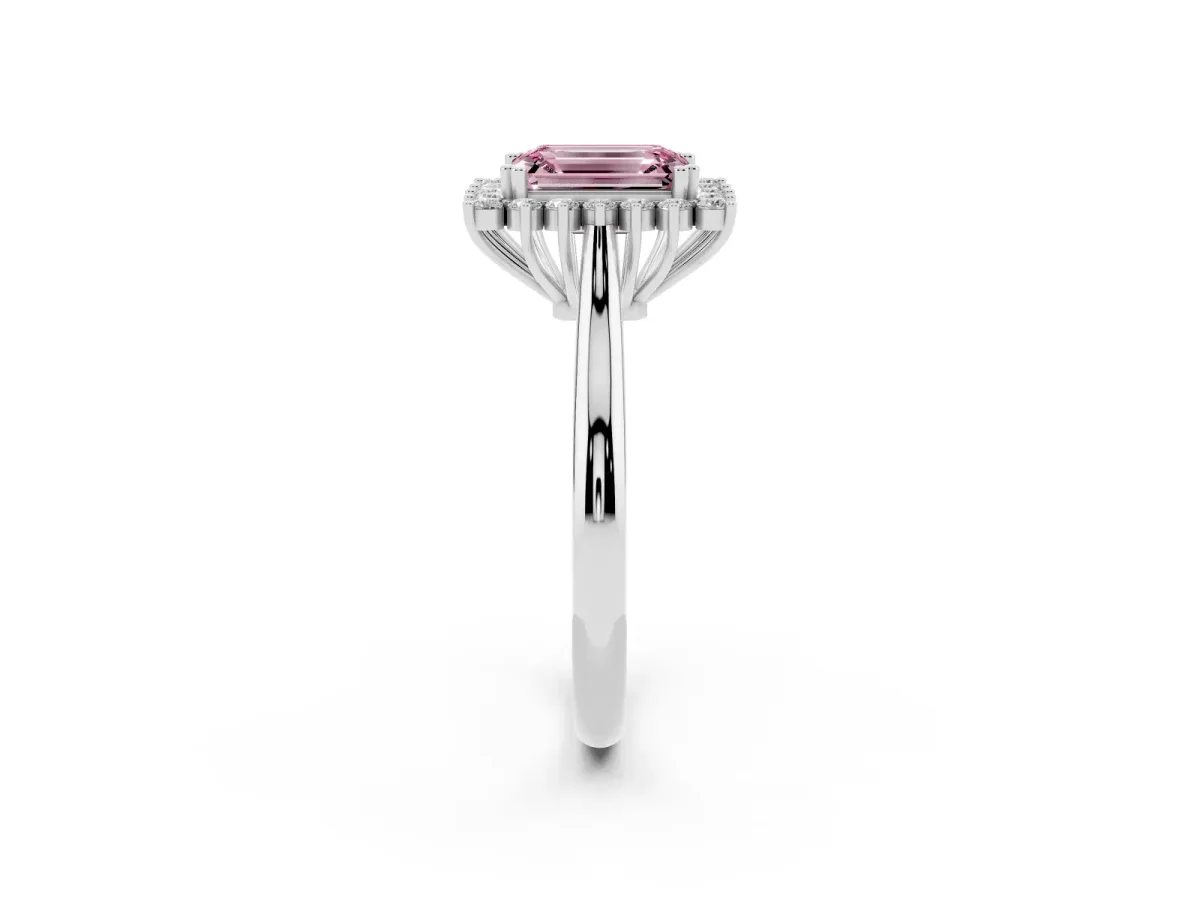 Fancy Pink Emerald Cut Cut Diamond Halo Ring with Solitaire Band and Prong Setting Platinum