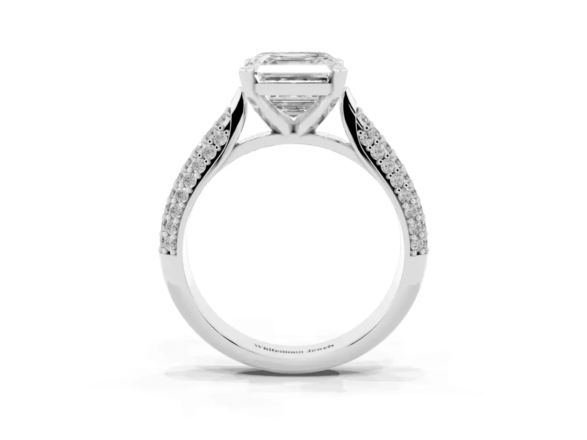 Asscher Cut Diamond Solitaire Engagement Ring with Multi-Row Round Pavé Band and Prong Setting Silver