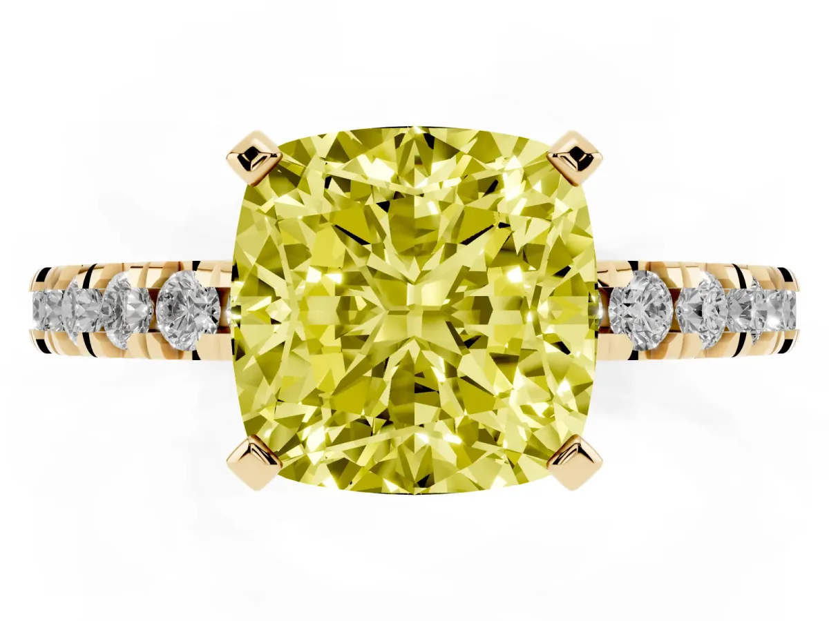 Fancy Yellow Cushion Cut Diamond Pavé Band Solitaire with Four-Prong Setting Yellow gold