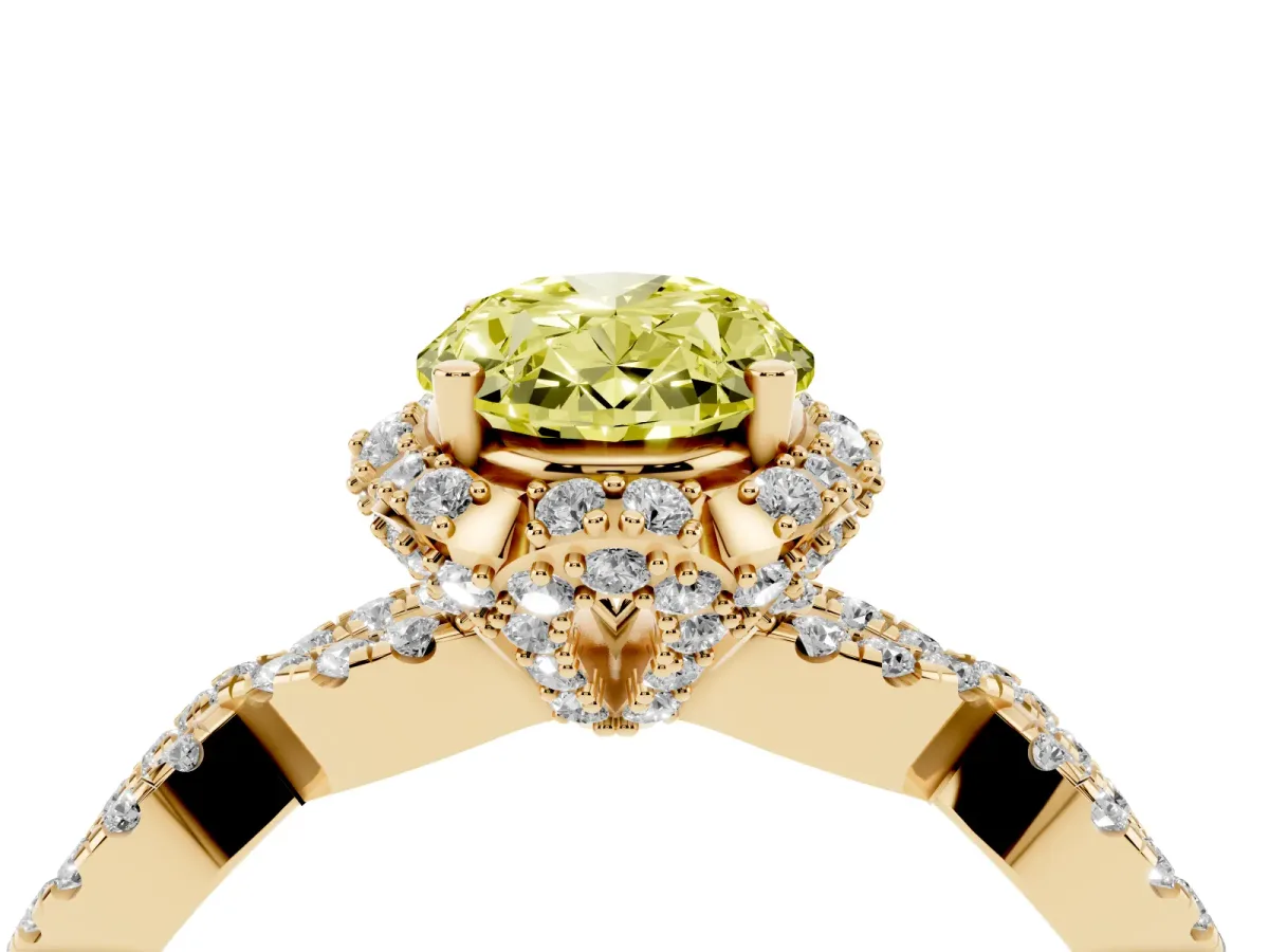 Fancy Yellow Oval Cut Halo Twist Band Solitaire Ring with Six-Prong Setting Yellow gold