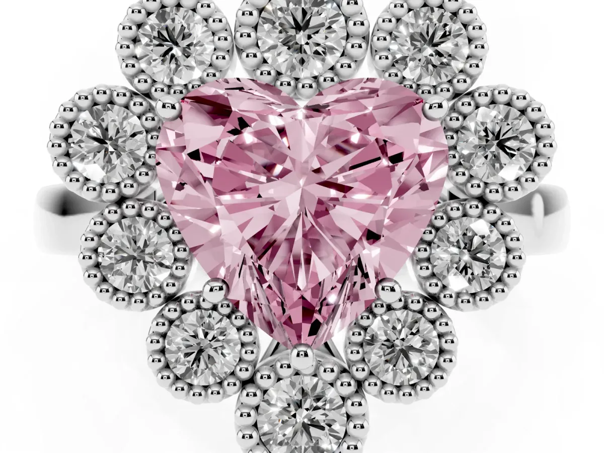 Fancy Pink Heart Cut Halo Diamond Cluster Engagement Ring with Milgrain Bezel Setting and Solitaire Band White gold