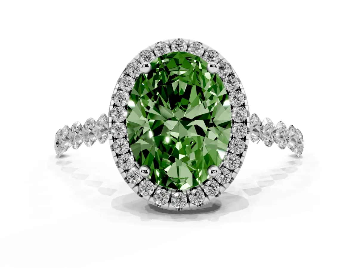 Fancy Green Oval Cut Halo Pavé Diamond Engagement Ring with Four-Prong Setting Silver
