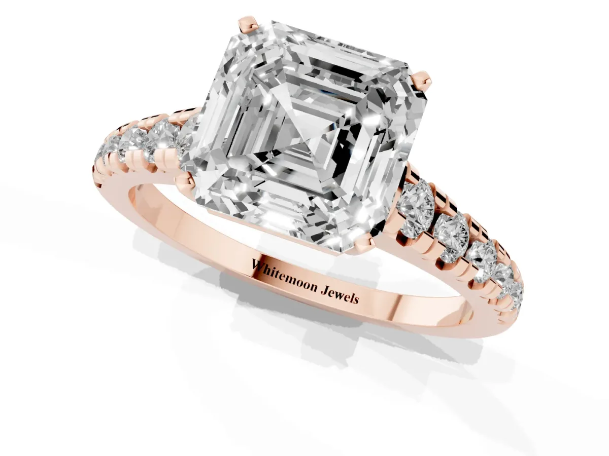 Asscher Cut Diamond Cathedral Solitaire Ring with Round Pavé Band Rose gold