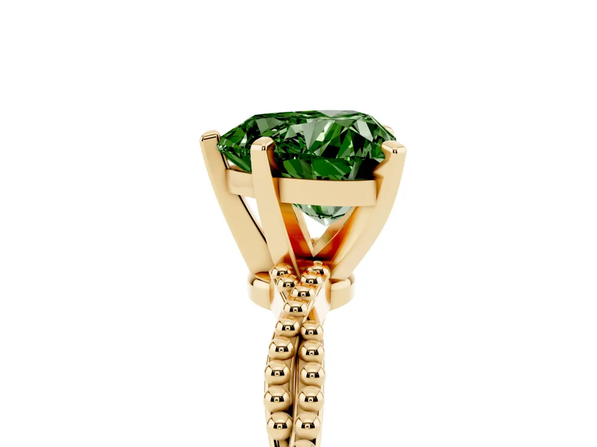 Fancy Green Heart Cut Solitaire Twisted Band with Bead Prong Setting Yellow gold