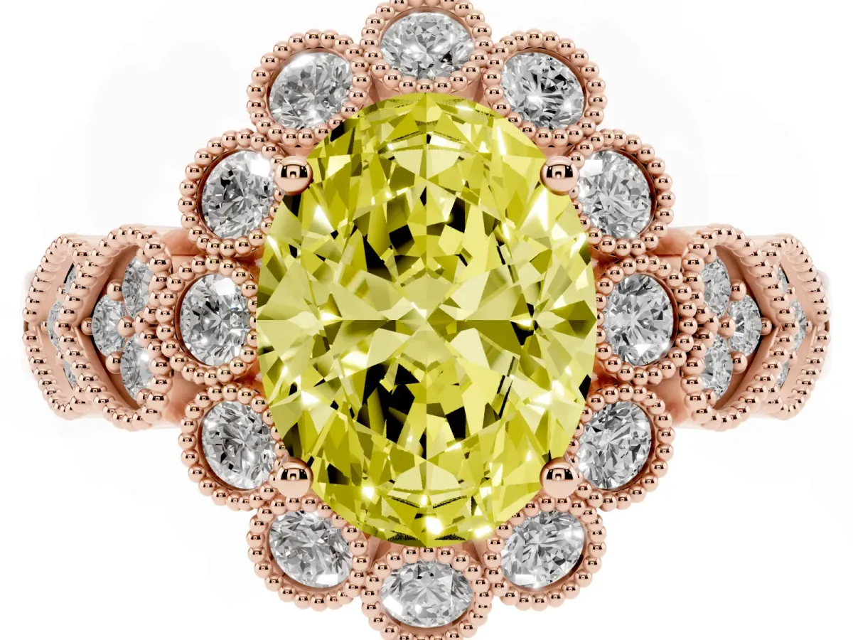 Fancy Yellow Oval Cut Brilliant Milgrain Pave Heart Band Solitaire Ring Rose gold