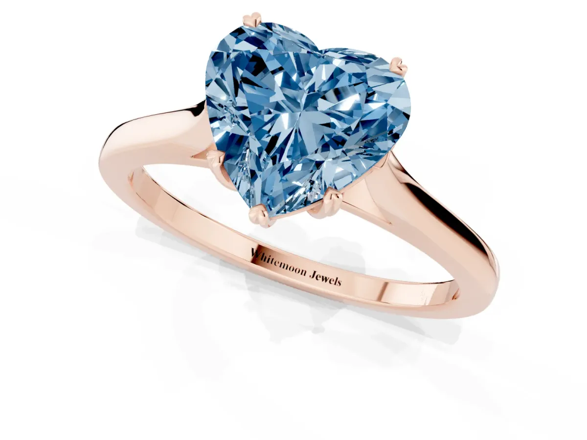Fancy Blue Heart Cut Solitaire Heart Prong Engagement Ring with Tapered Band Rose gold