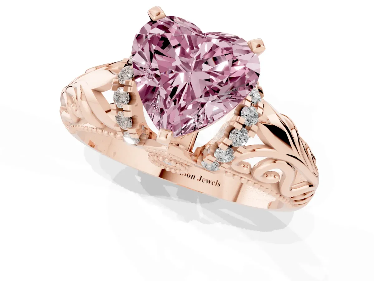 Fancy Pink Heart Cut Solitaire Filigree Engagement Ring with Halo and Prong Setting Rose gold