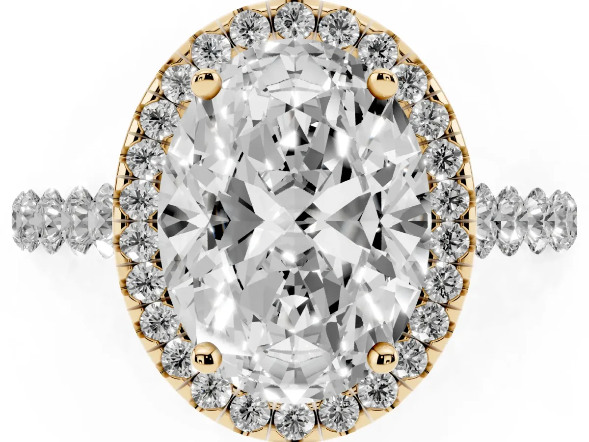 Oval Cut Halo Pavé Diamond Engagement Ring with Four-Prong Setting Yellow gold