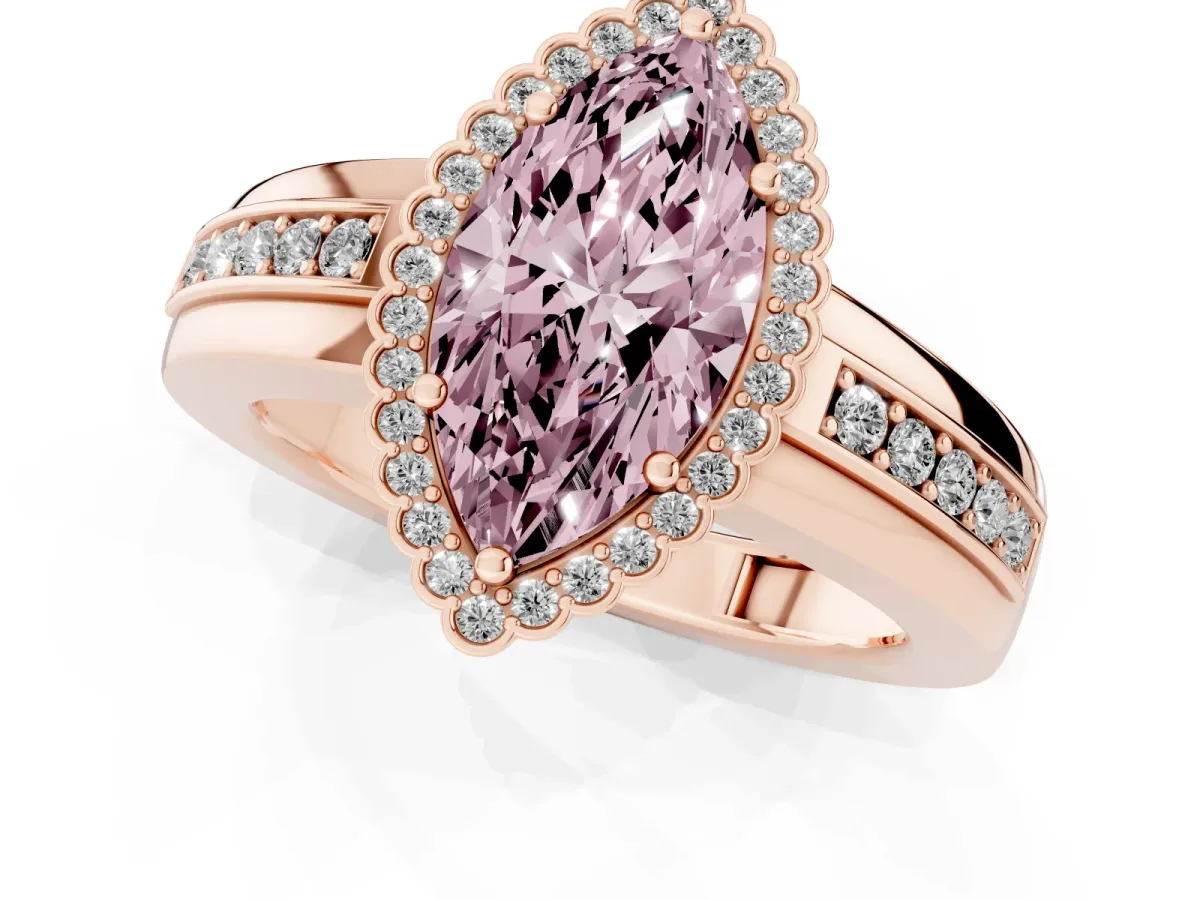 Fancy Pink Marquise Cut Cut Halo Pave Band Four-Prong Ring Rose gold