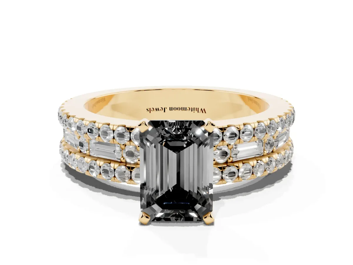 Fancy Black Emerald Cut Diamond Solitaire Ring with Pavé and Channel Set Band Yellow gold