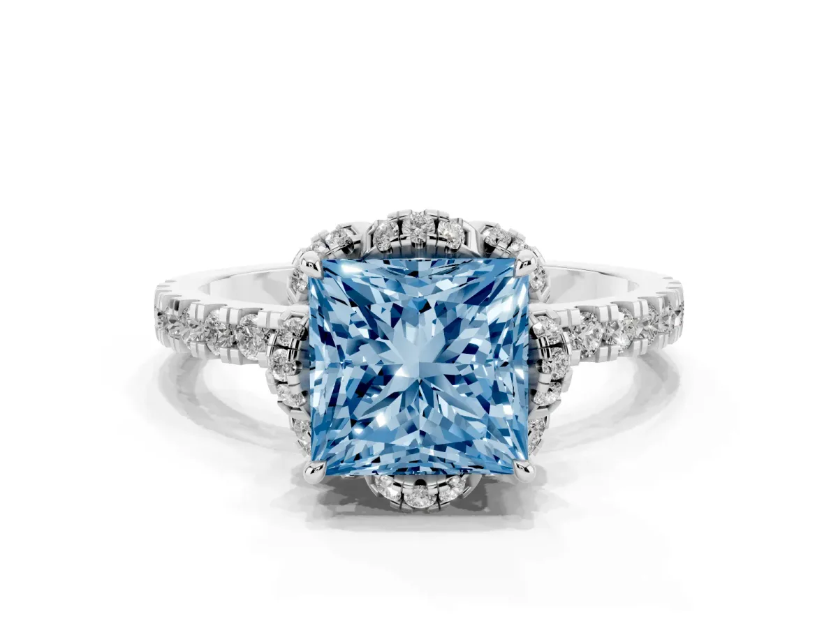 Fancy Blue Princess Cut Halo Diamond Pave Band Ring with Four-Prong Setting Platinum