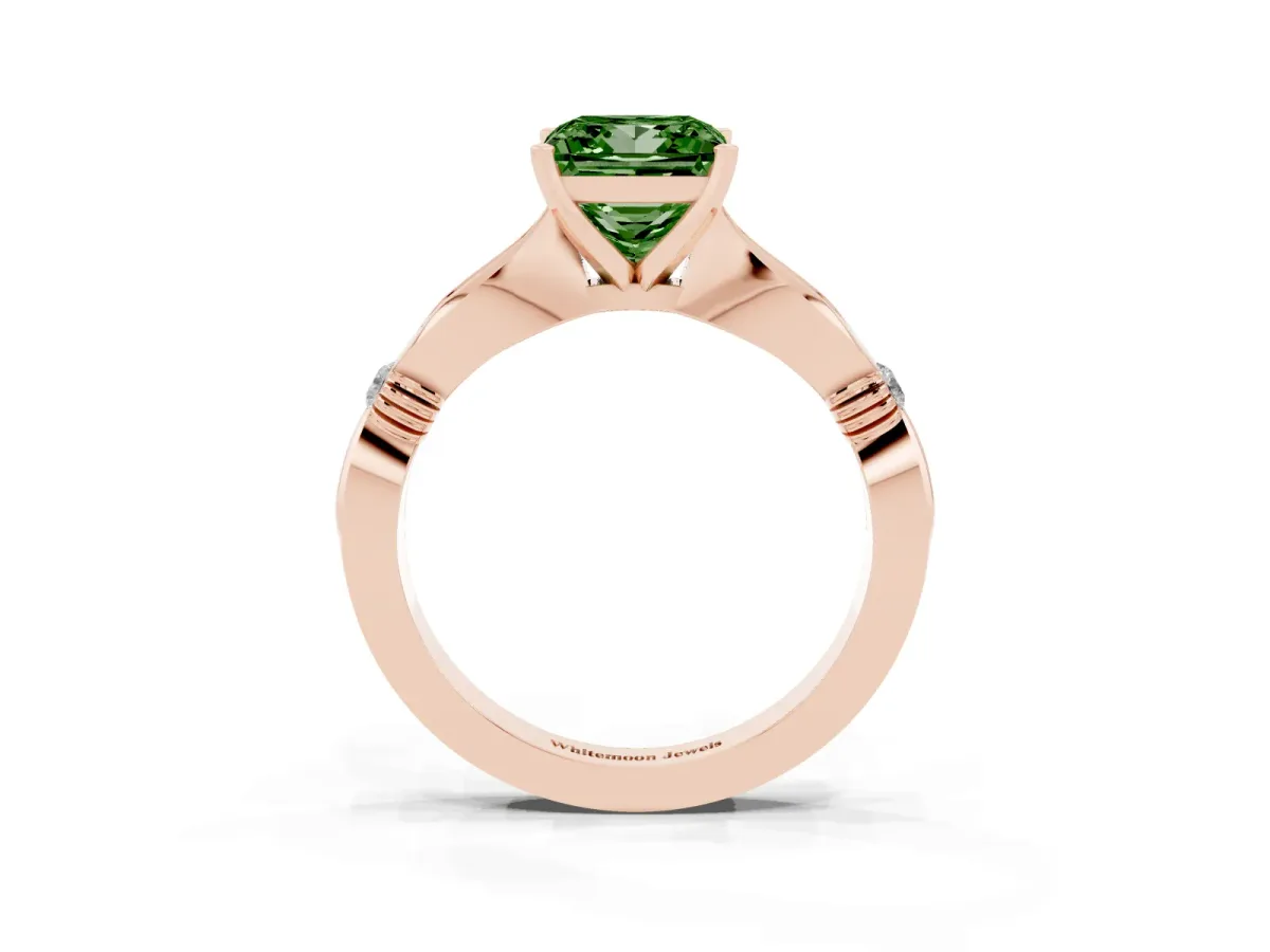 Fancy Green Princess Cut Solitaire Diamond Twisted Band with Four-Prong Setting Rose gold