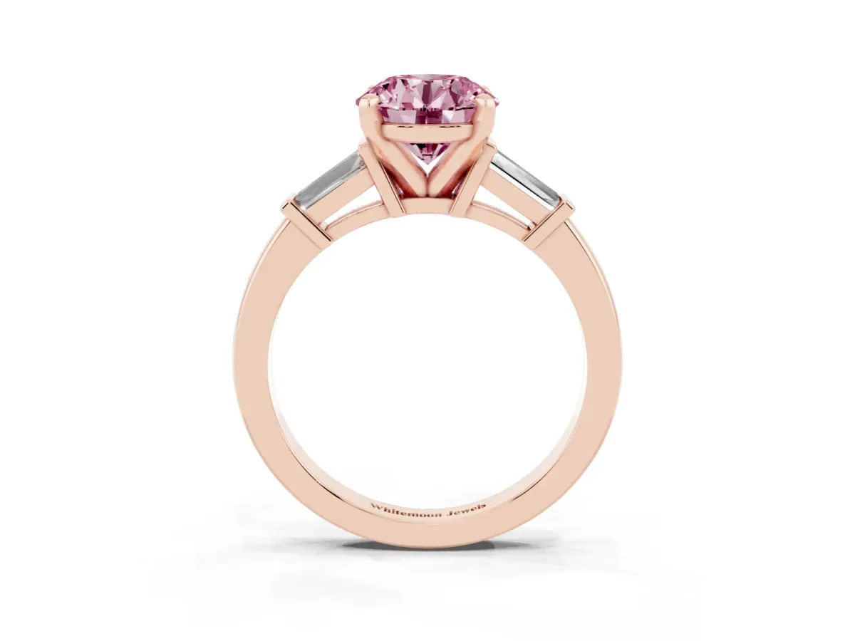 Fancy Pink Round Cut Cut Diamond Solitaire Ring with Tapered Baguette Accents and Four-Prong Setting Rose gold
