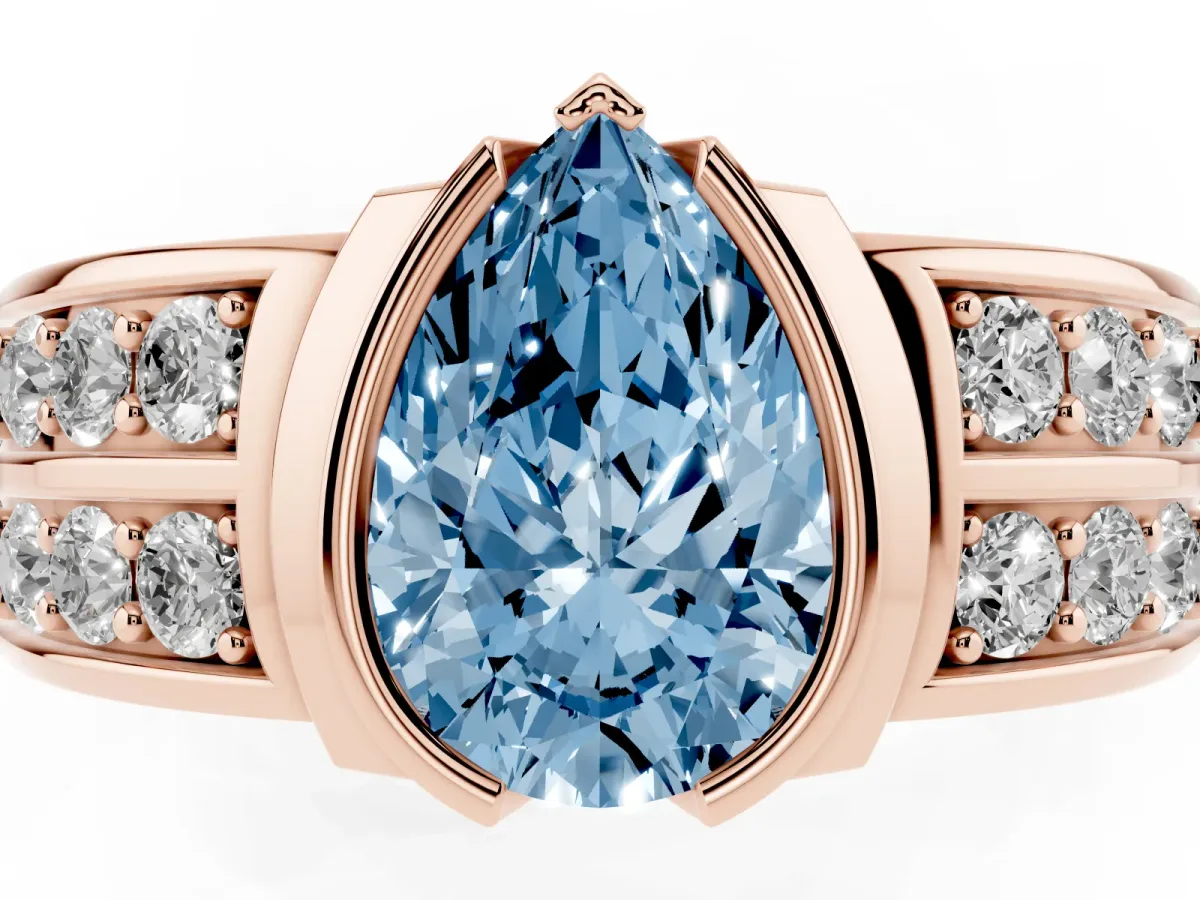 Fancy Blue Pear Cut Brilliant Diamond Channel Set Wide Band Ring with Bezel Setting Rose gold
