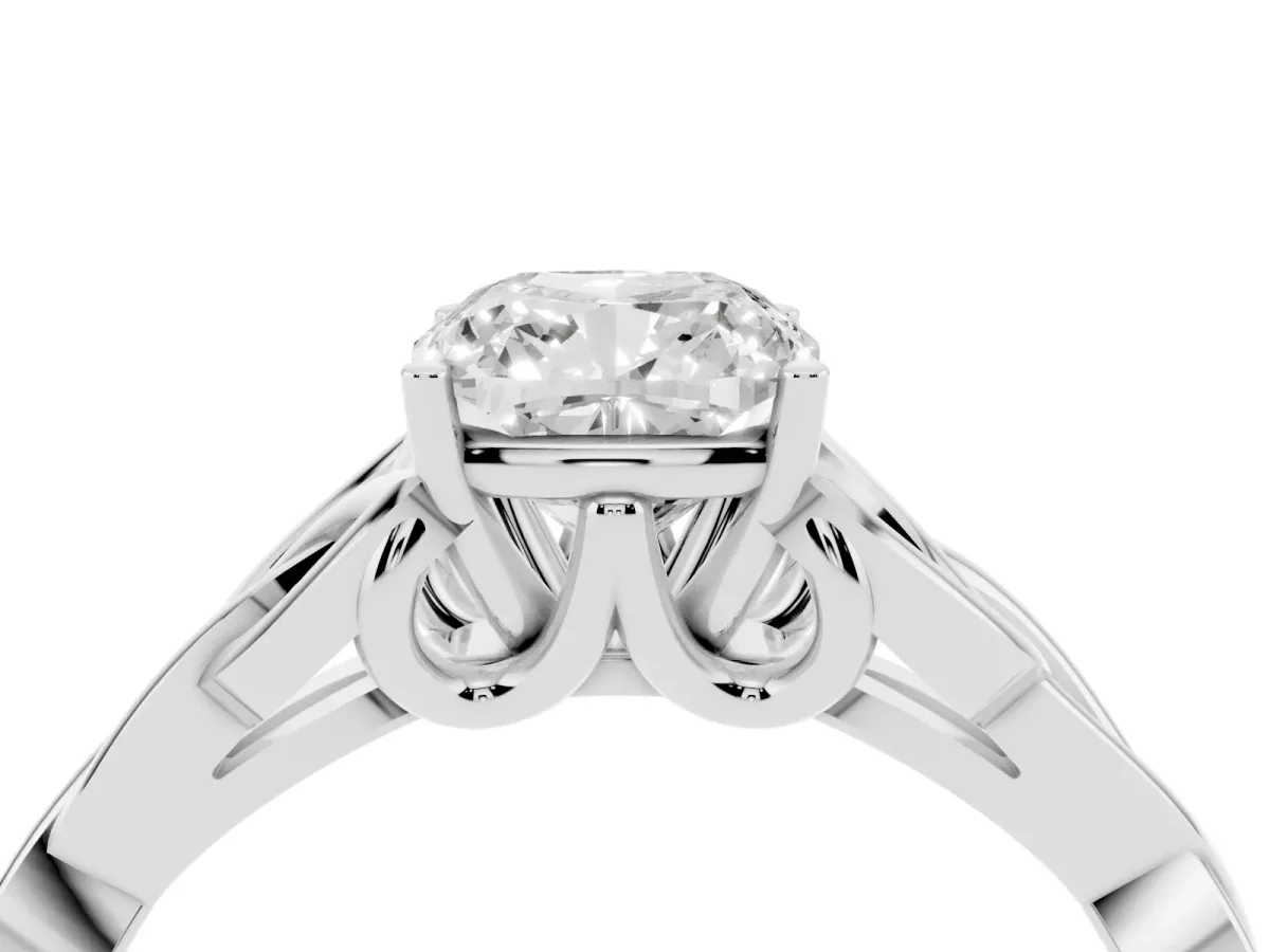 Cushion Cut Diamond Solitaire Engagement Ring with Celtic Knot Band and Four-Prong Setting Platinum