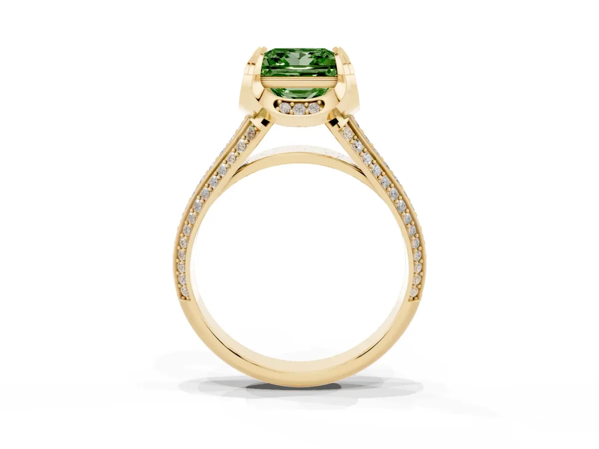 Fancy Green Princess Cut Solitaire Pave Split Shank Ring with Four-Prong Setting Yellow gold