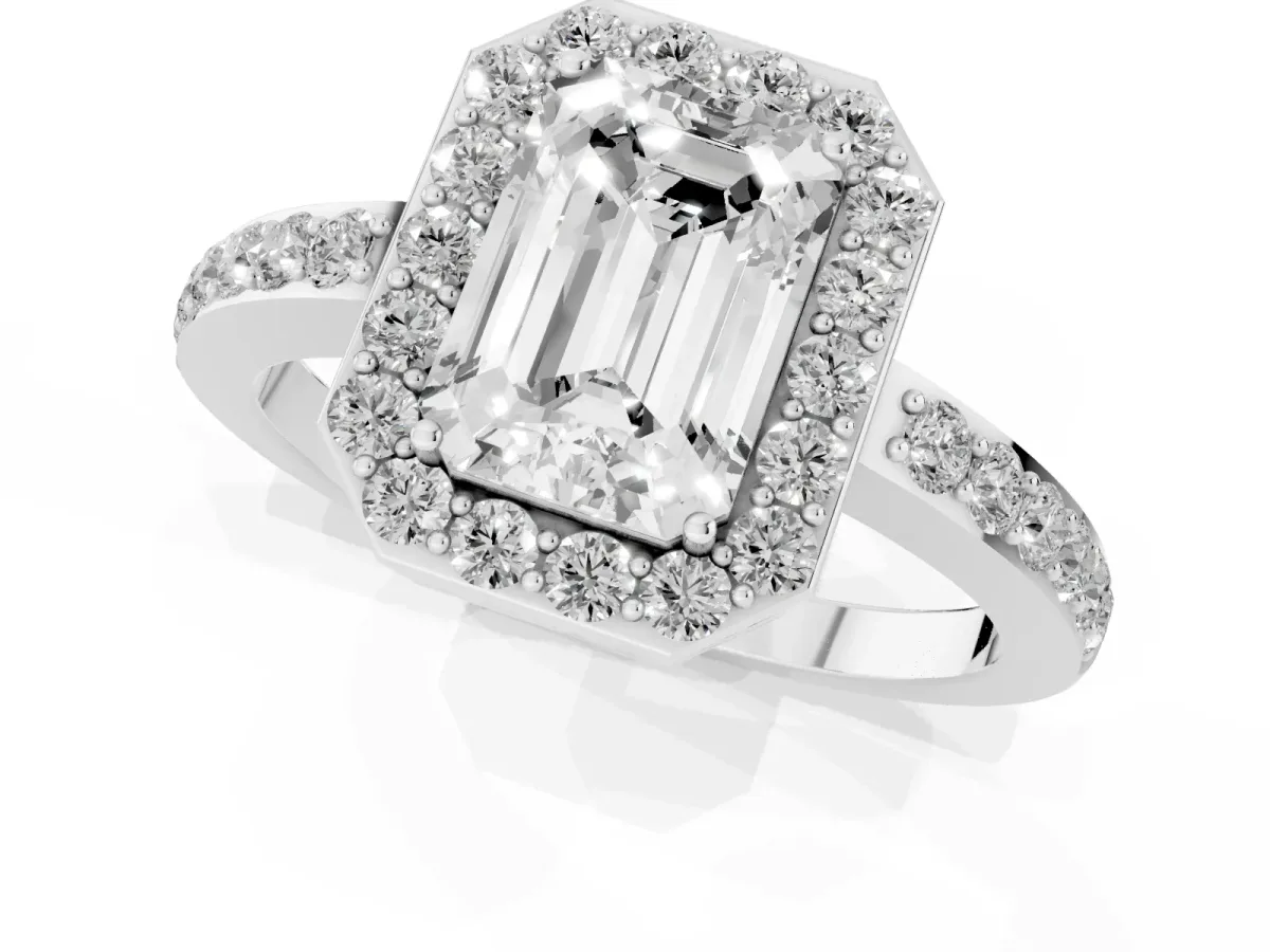Emerald Cut Halo Diamond Pavé Band Ring with Prong Setting Platinum