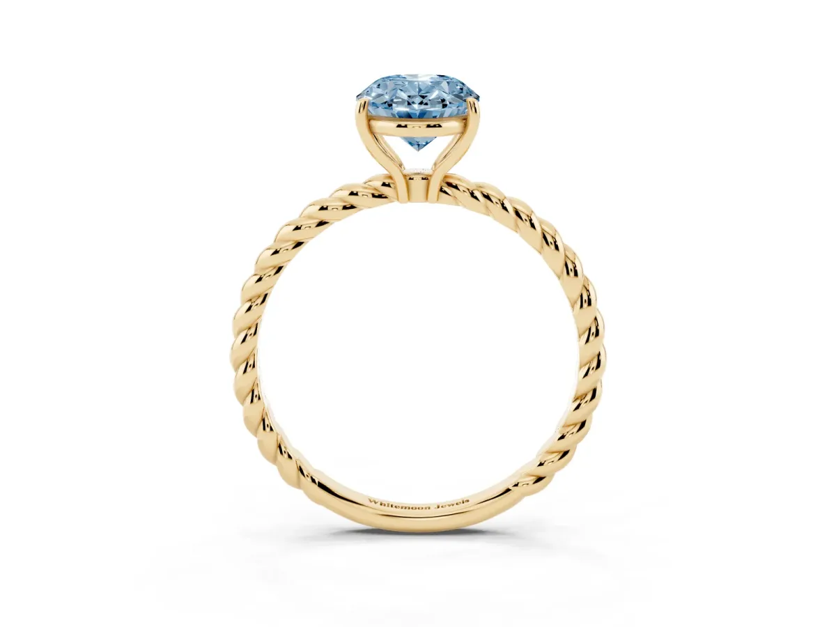 Fancy Blue Oval Cut Solitaire Twisted Band 4-Prong Ring Yellow gold