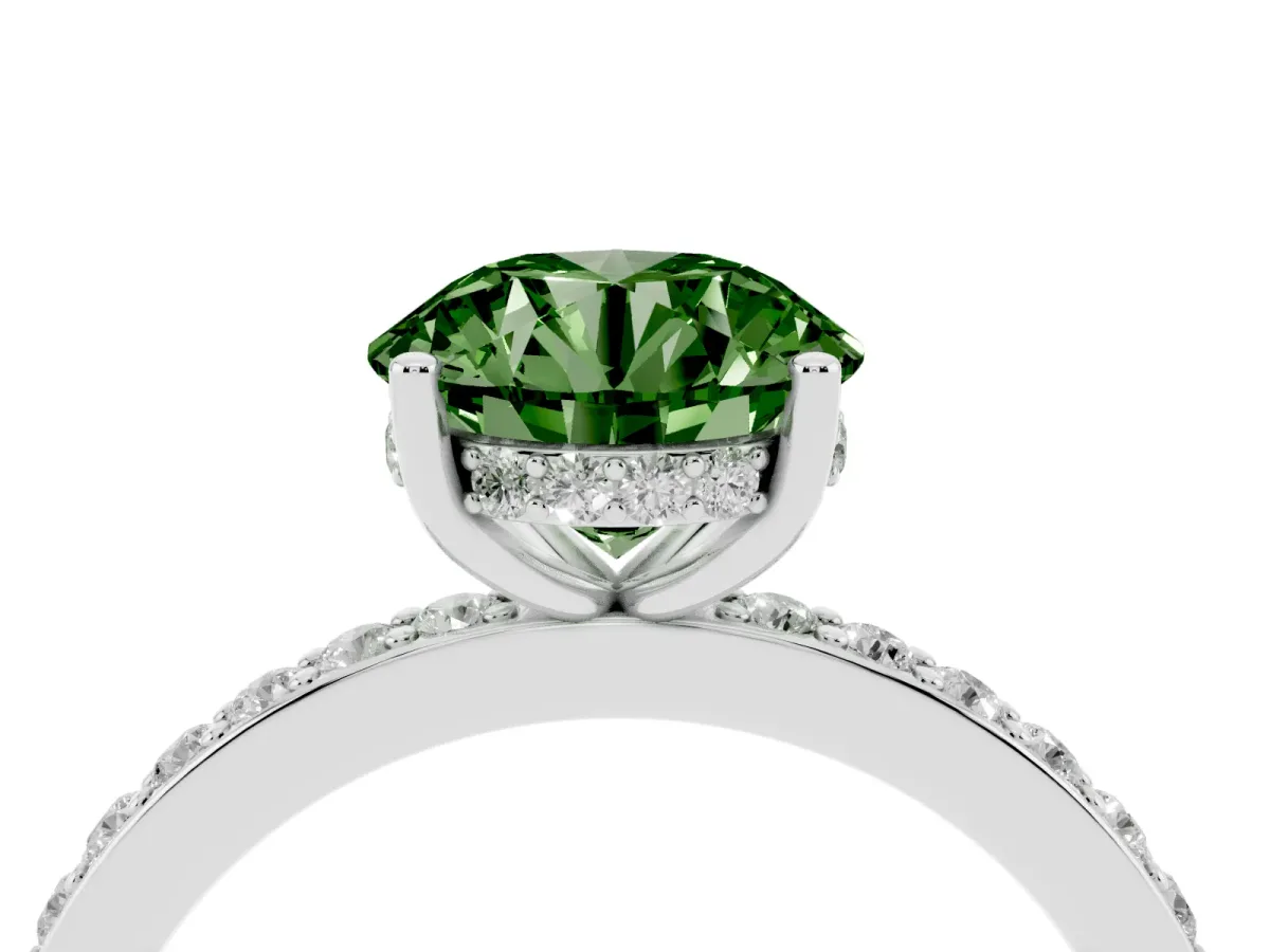 Fancy Green Round Cut Cut Diamond Pavé Band Ring with Four-Prong Setting Platinum