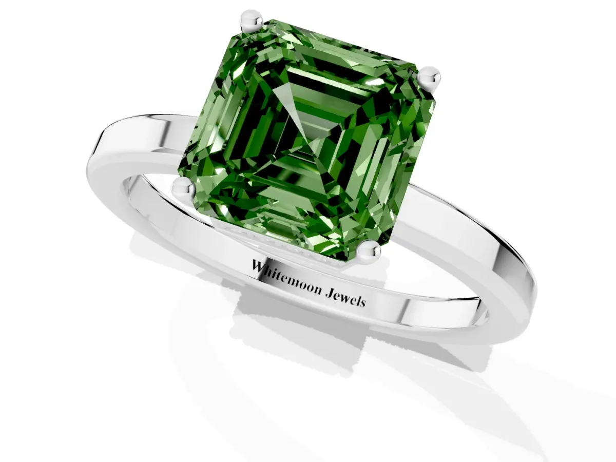 Fancy Green Asscher Cut Cut Solitaire Engagement Ring with Four-Prong Setting on a Classic Band Platinum