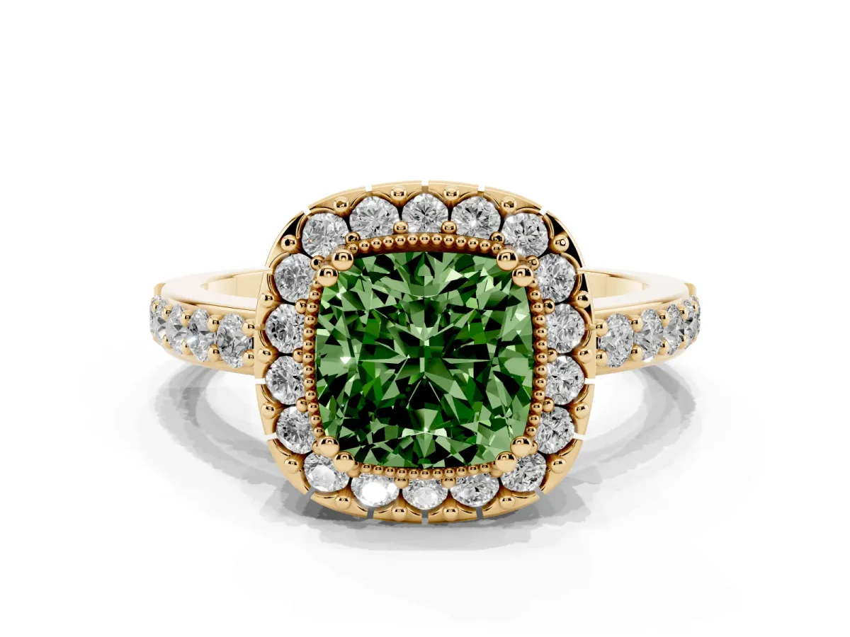 Fancy Green Cushion Cut Diamond Halo Ring with Pavé Band and Prong Setting Yellow gold