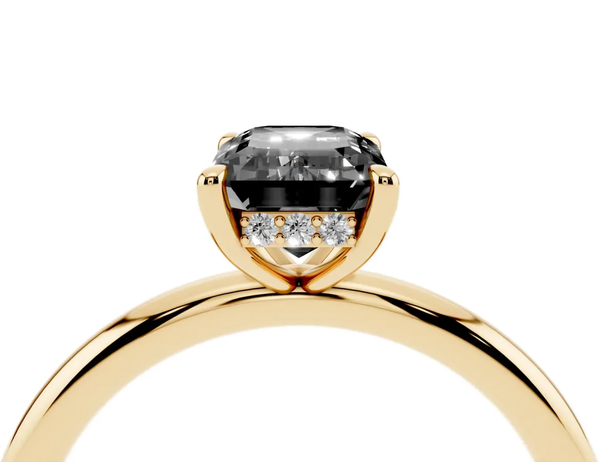 Fancy Black Emerald Cut Diamond Solitaire Ring with Thin Band and Four-Prong Setting Yellow gold