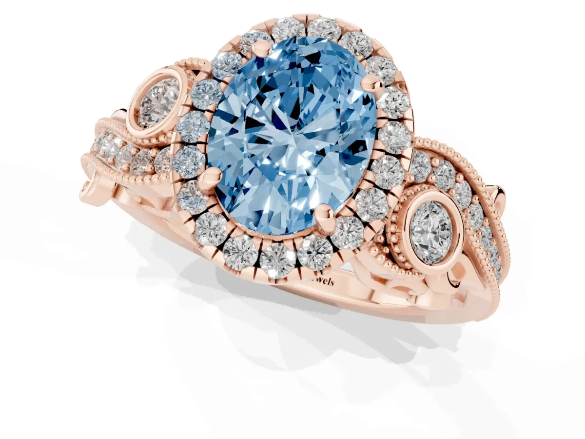 Fancy Blue Oval Cut Halo Diamond Ring with Milgrain and Bezel Accents on a Split Shank Band Rose gold