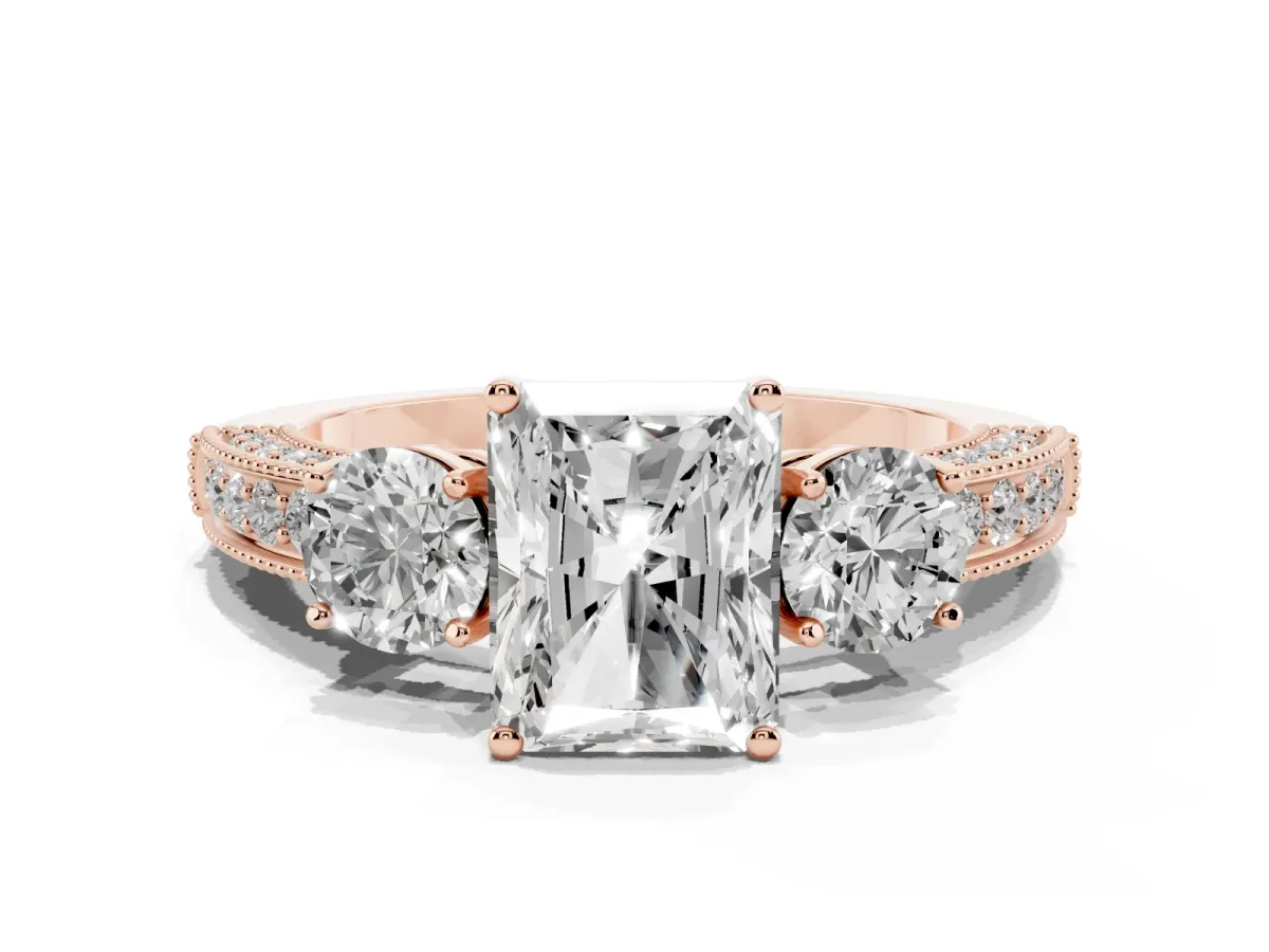Radiant Cut Three-Stone Diamond Ring with Pavé Band and Four-Prong Setting Rose gold