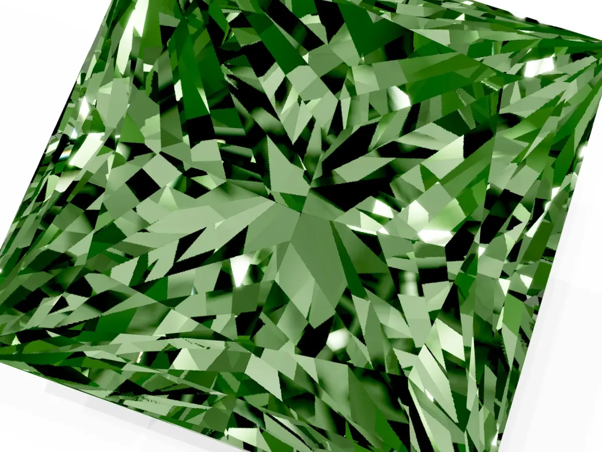 Fancy Green Princess Cut Halo Diamond Ring with Milgrain and Bezel Accents on a Split Shank Band Yellow gold