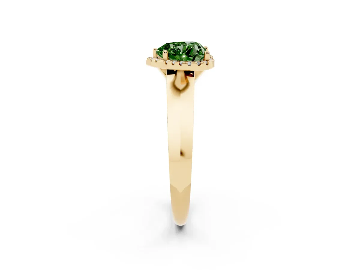 Fancy Green Heart Cut Halo Diamond Ring with Cathedral Band and Four-Prong Setting Yellow gold