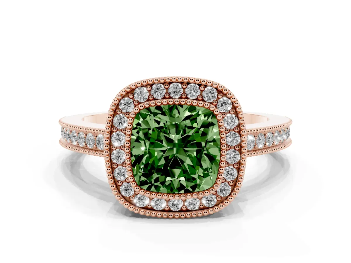 Fancy Green Cushion Cut Cut Halo Diamond Ring with Pavé Band and Milgrain Prong Setting Rose gold