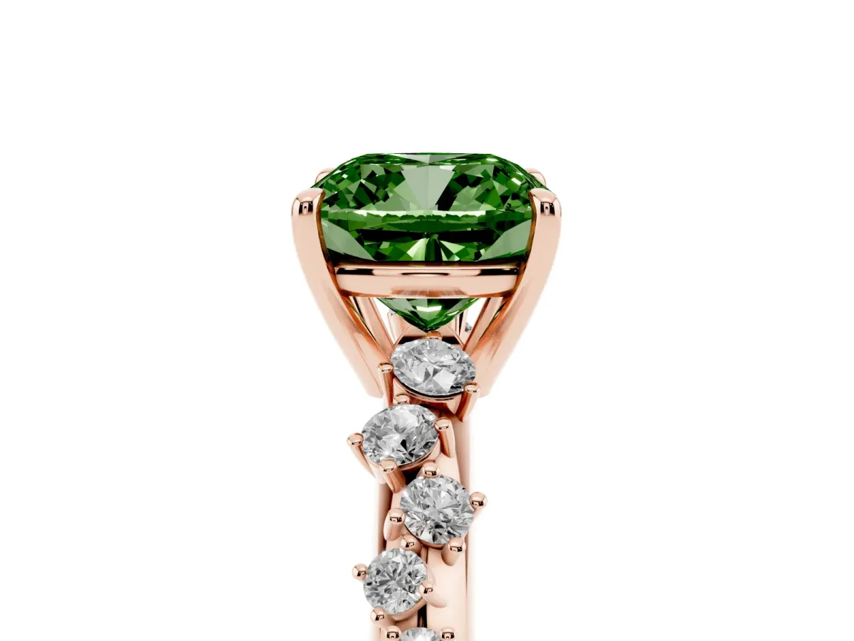 Fancy Green Cushion Cut Diamond Cluster Side Stone Solitaire Ring with Prong Setting Rose gold