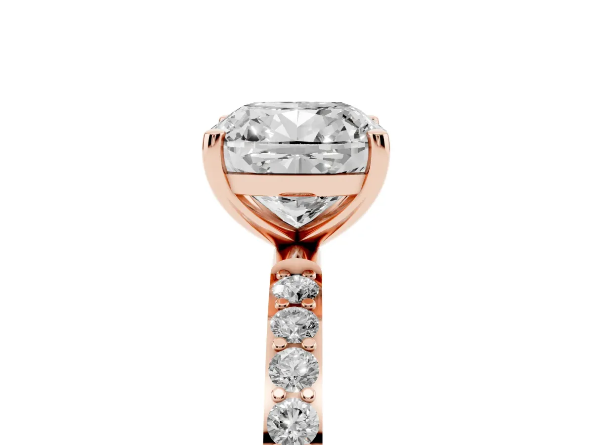 Cushion Cut Diamond Solitaire Ring with Round Pavé Shoulders and Prong Setting Rose gold