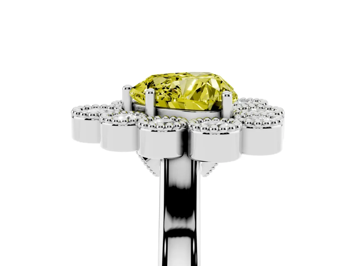 Fancy Yellow Heart Cut Halo Diamond Cluster Engagement Ring with Milgrain Bezel Setting and Solitaire Band Silver