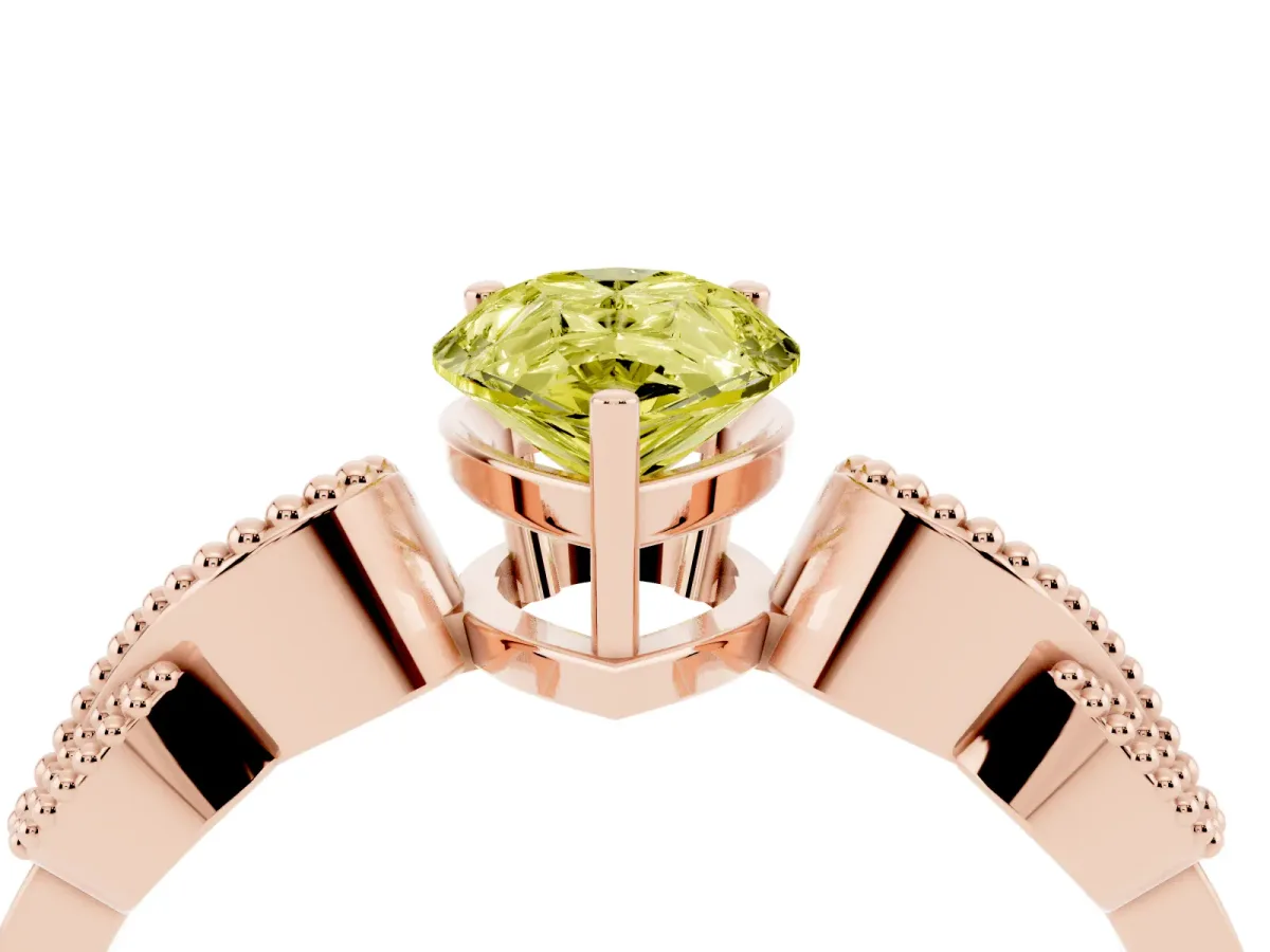 Fancy Yellow Pear Cut Solitaire Milgrain Leaf Band with Prong Setting Rose gold
