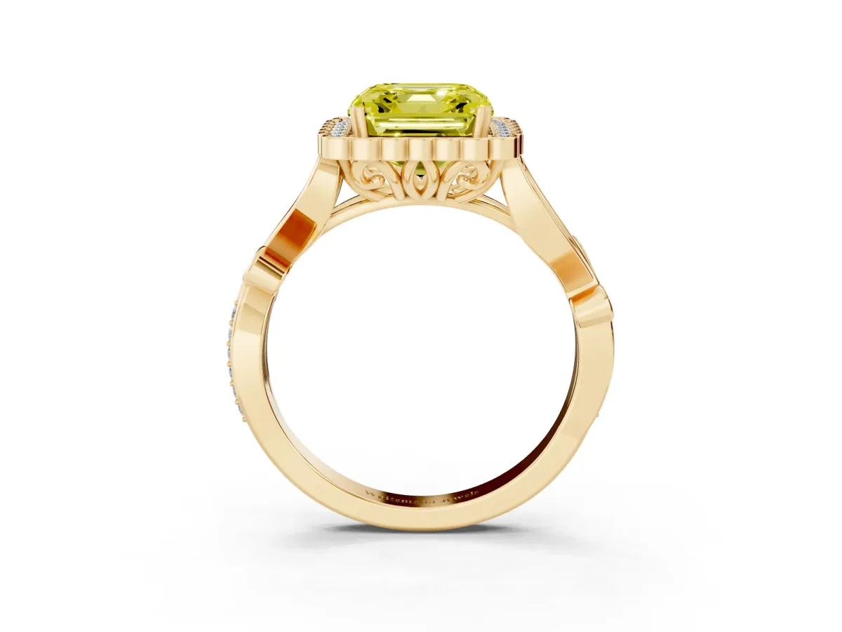 Fancy Yellow Asscher Cut Diamond Halo Ring with Vintage Split Shank and Four-Prong Setting Yellow gold