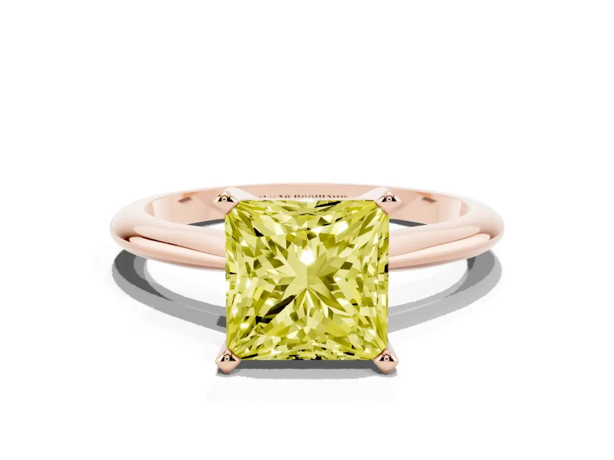Fancy Yellow Princess Cut Cut Solitaire Ring with Four-Prong Setting on a Classic Band Rose gold
