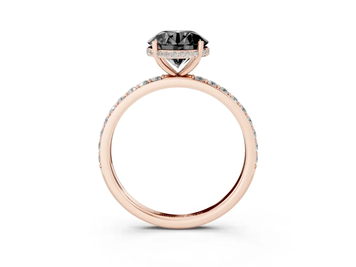 Fancy Black Round Cut Diamond Solitaire Ring with Pavé Band and Hidden Halo Rose gold