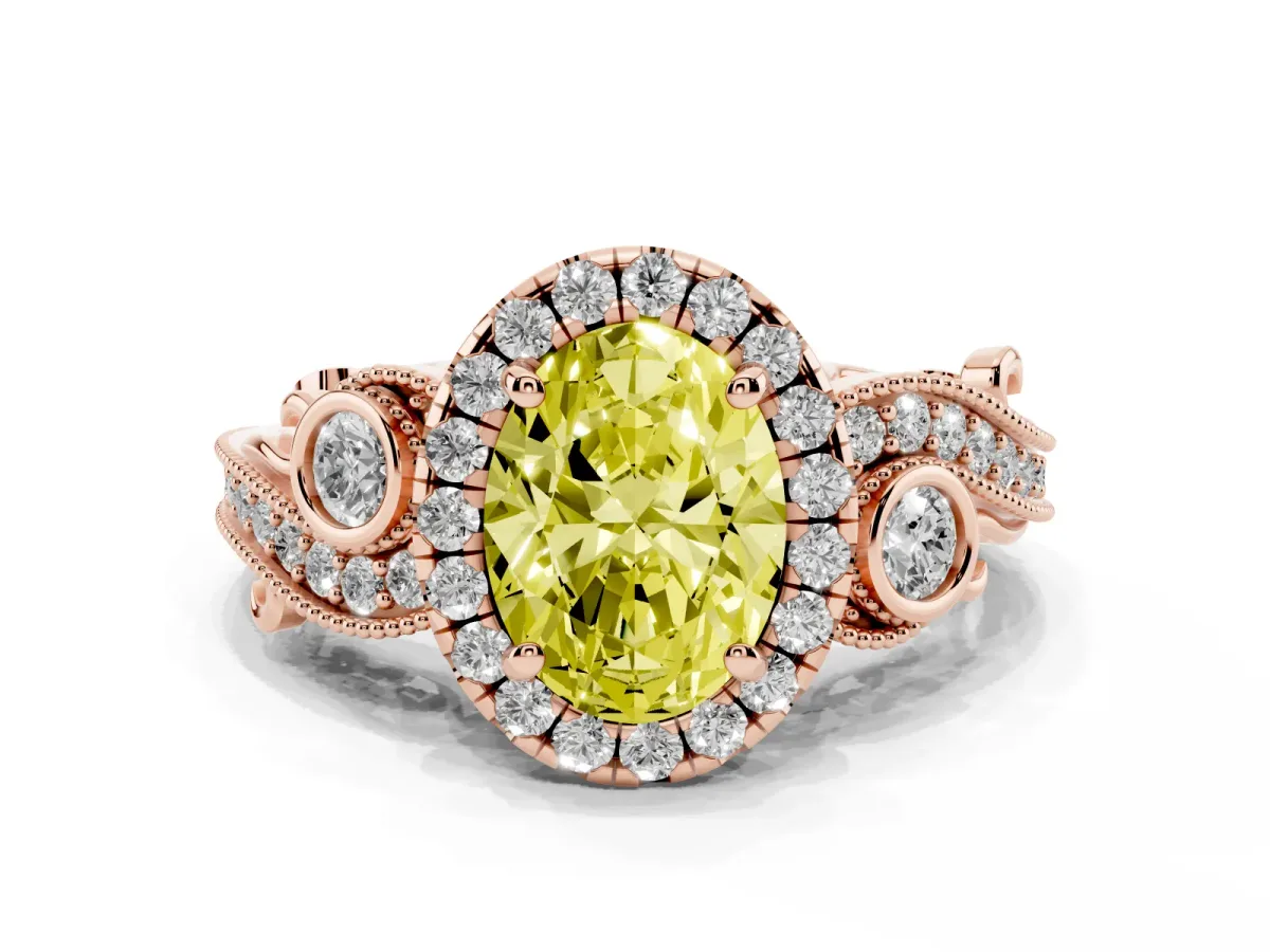 Fancy Yellow Oval Cut Halo Diamond Ring with Milgrain and Bezel Accents on a Split Shank Band Rose gold