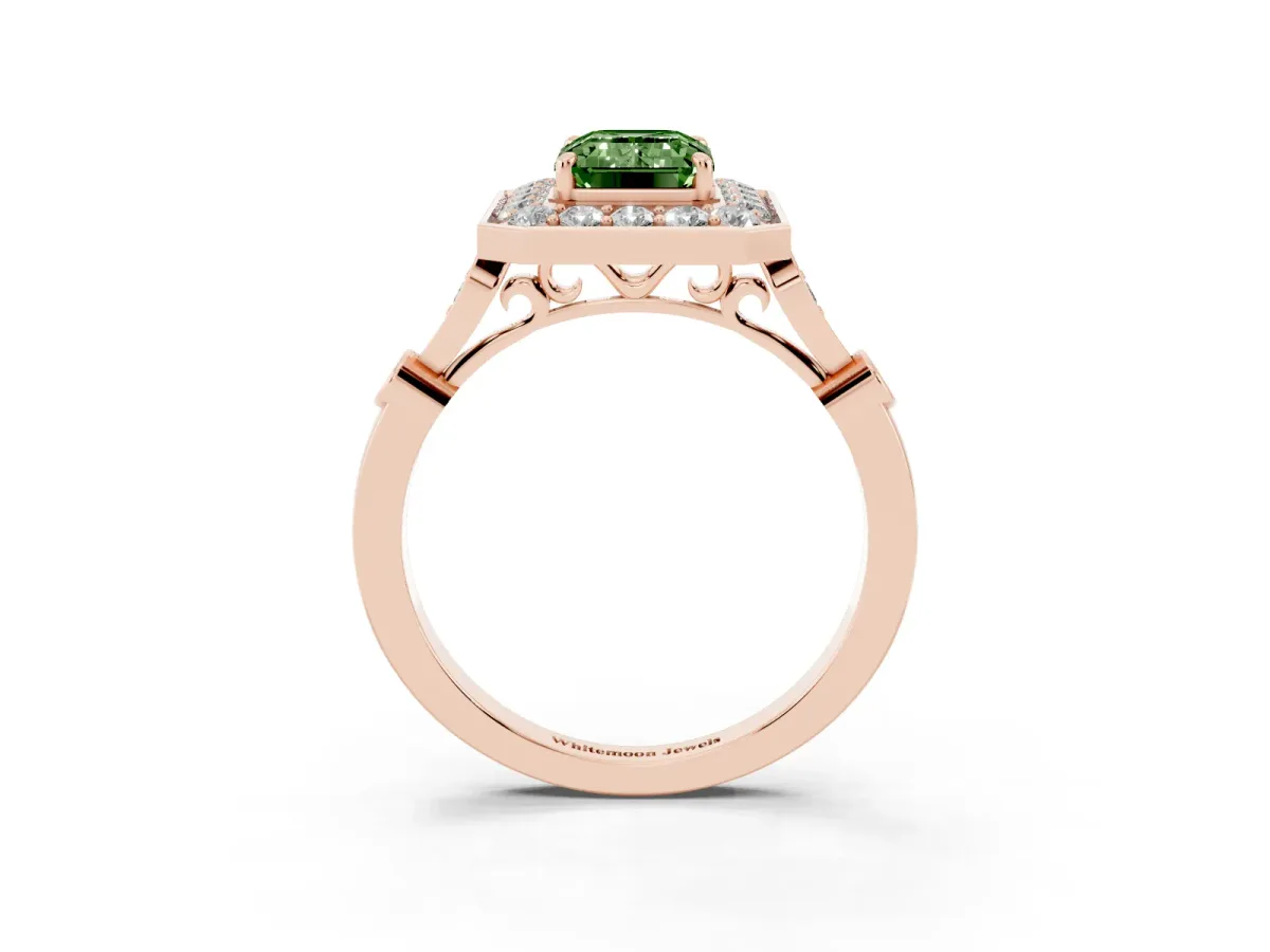 Fancy Green Emerald Cut Halo Diamond Engagement Ring with Twisted Band and Four-Prong Setting Rose gold