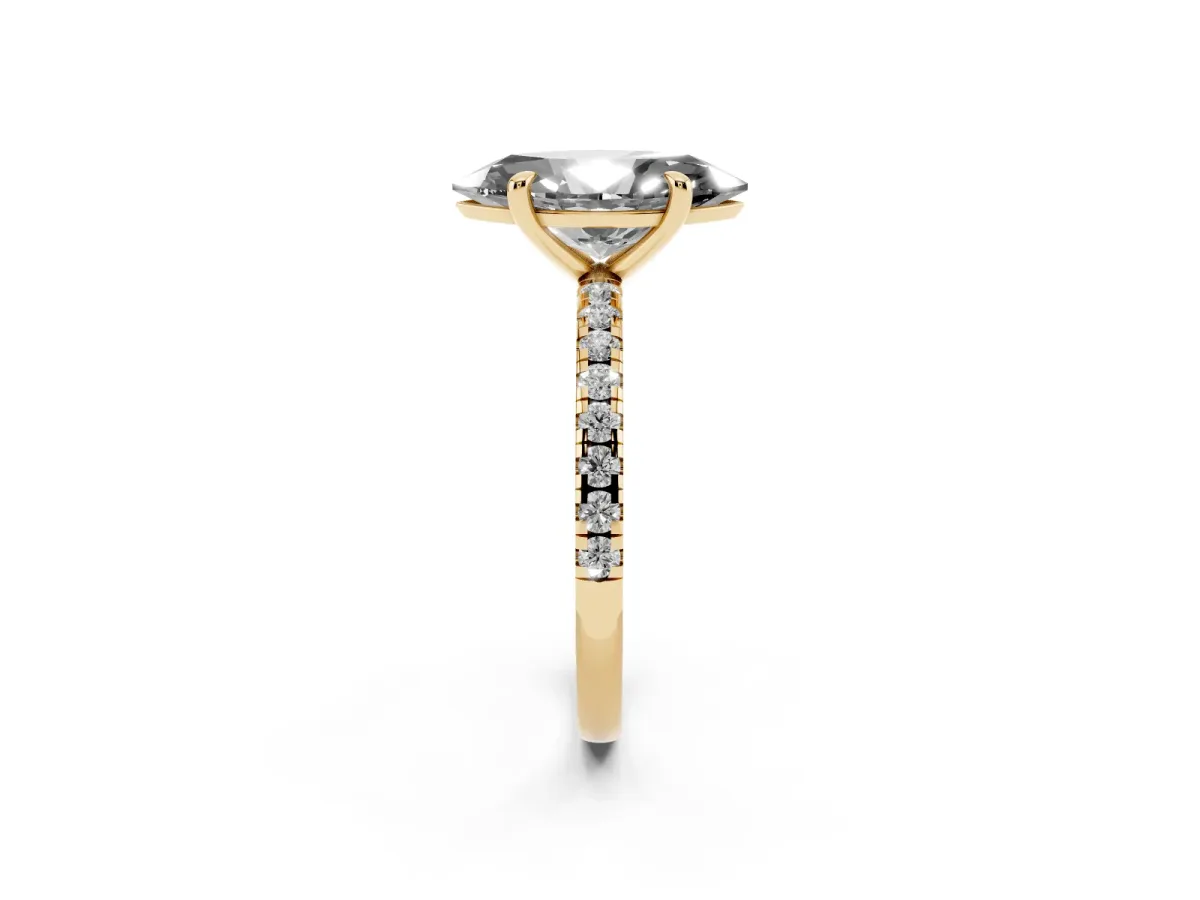 Fancy Black Marquise Cut Diamond Brilliant Solitaire Ring with Pavé Band and Four-Prong Setting Yellow gold