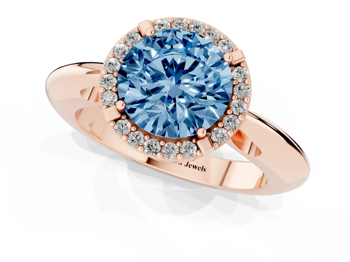 Fancy Blue Round Cut Cut Diamond Halo Engagement Ring with Split Shank and Four-Prong Setting Rose gold