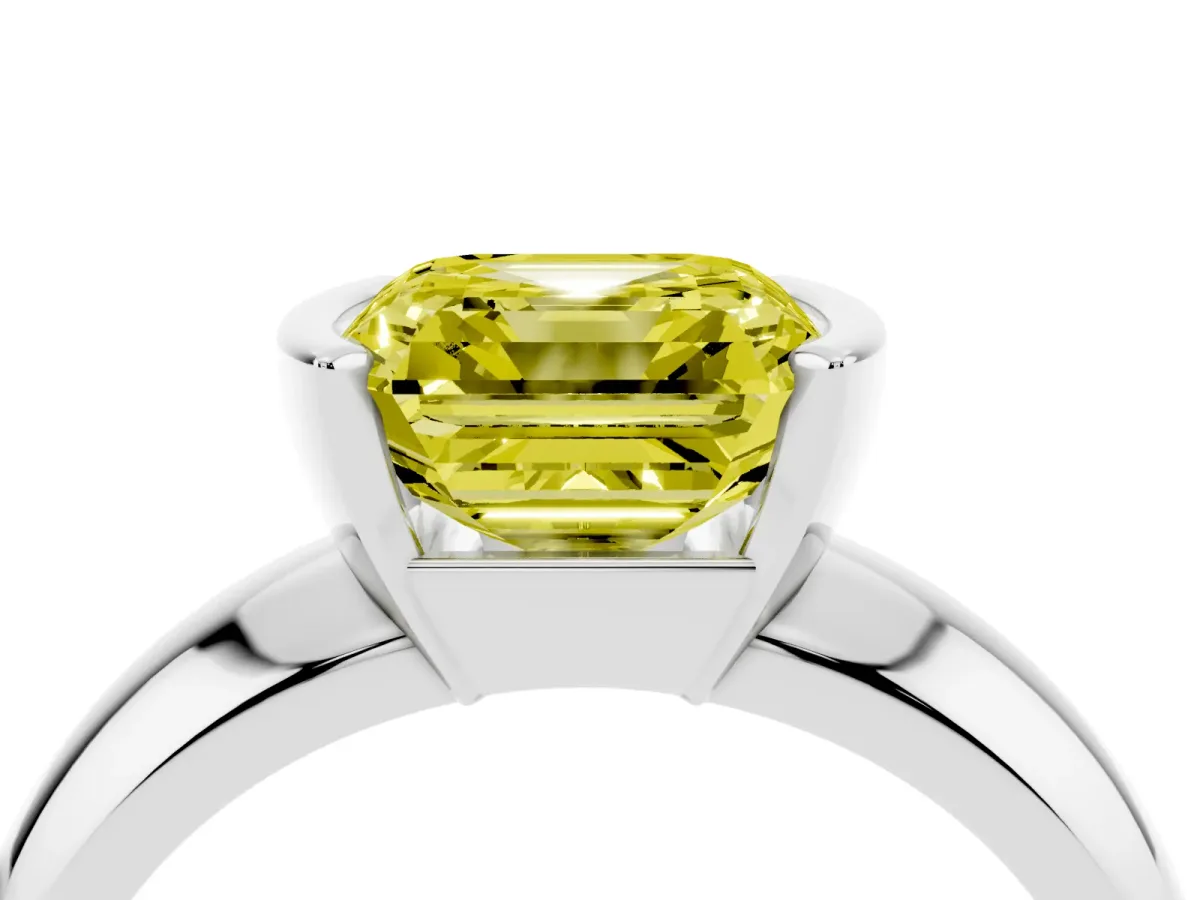Fancy Yellow Asscher Cut Solitaire Tension Set Diamond Ring with Wide Band Silver